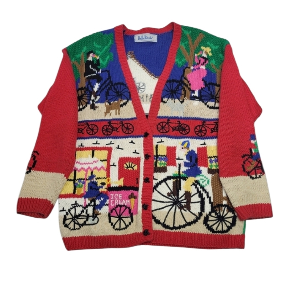 Belle Pointe Vintage Bike Shop Cyclist Novelty Whimsical Cardigan Knit Sweater